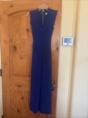 Calvin Klein Sleeveless Ruffle-Trim Wide-Leg Jumpsuit in Cobalt Blue